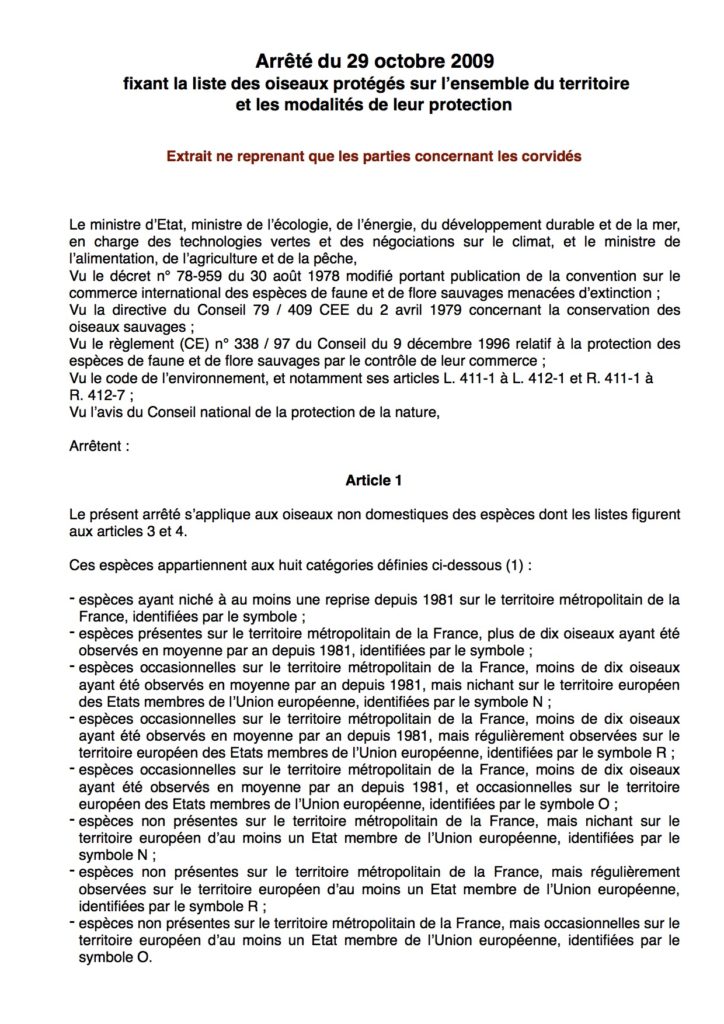 Arrêté Du 29 Octobre 2009 Fixant La Liste Des Oiseaux